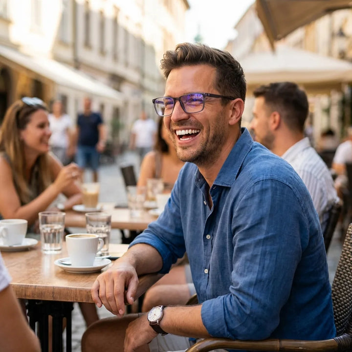 Lenses optical canelo clear men in café with amigos ambiente social bonoboss #editorial_lifestyle2 #color_transparente