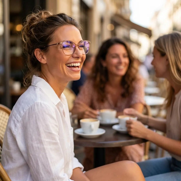 Lenses optical carolina champagne women in café with amigas ambiente social bonoboss #editorial_lifestyle1 #color_champagne