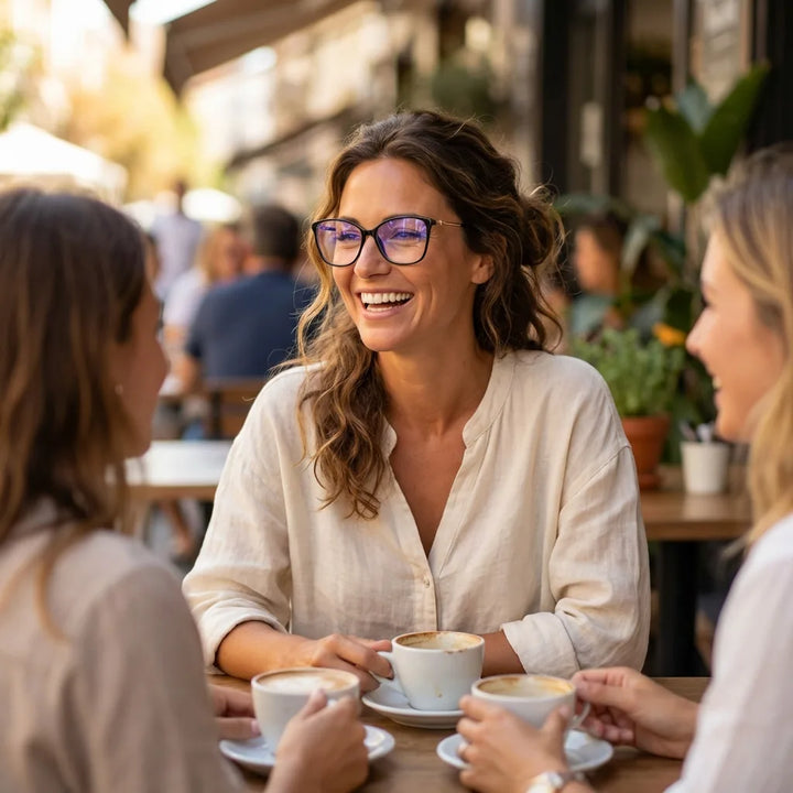 Lenses optical carolina black women in café with amigas ambiente social bonoboss #editorial_lifestyle1 #color_negro