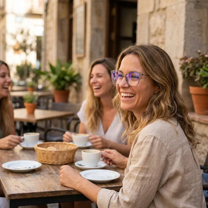 Lenses optical carolina clear women in café with amigas ambiente social bonoboss #editorial_lifestyle1 #color_transparente