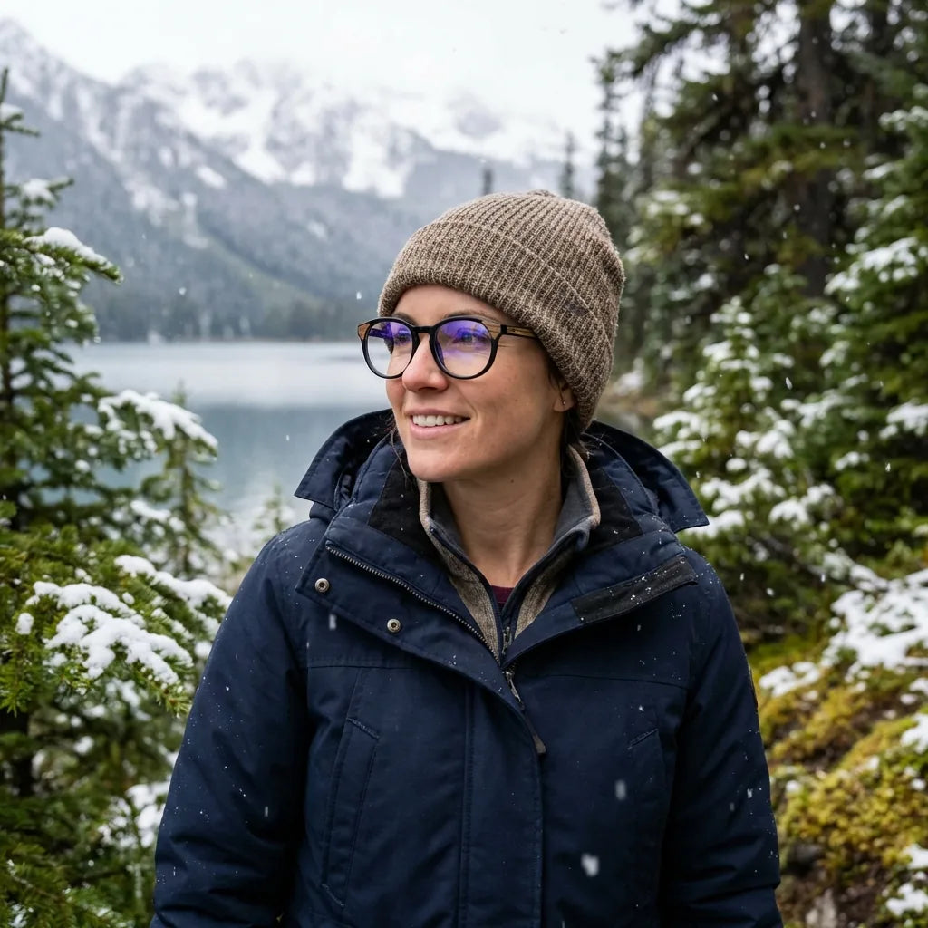 Lenses optical chiloe 0084 optical black modelo with gorro in bosque nevado invernal bonoboss #editorial_lifestyle1 #color_negro
