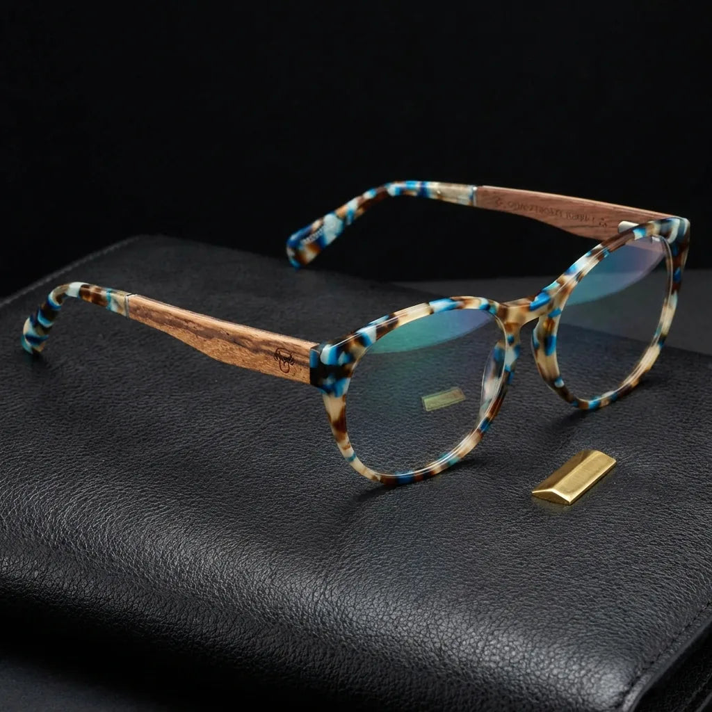 Lenses optical chiloe 111 blue sobre black leather with detalle brass gold frame premium bonoboss #editorial_armazon #color_blue