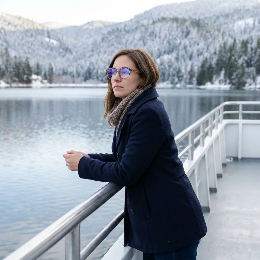 Lenses optical chiloe 111 blue modelo in barco lago with bosque nevado bonoboss #editorial_lifestyle1 #color_blue