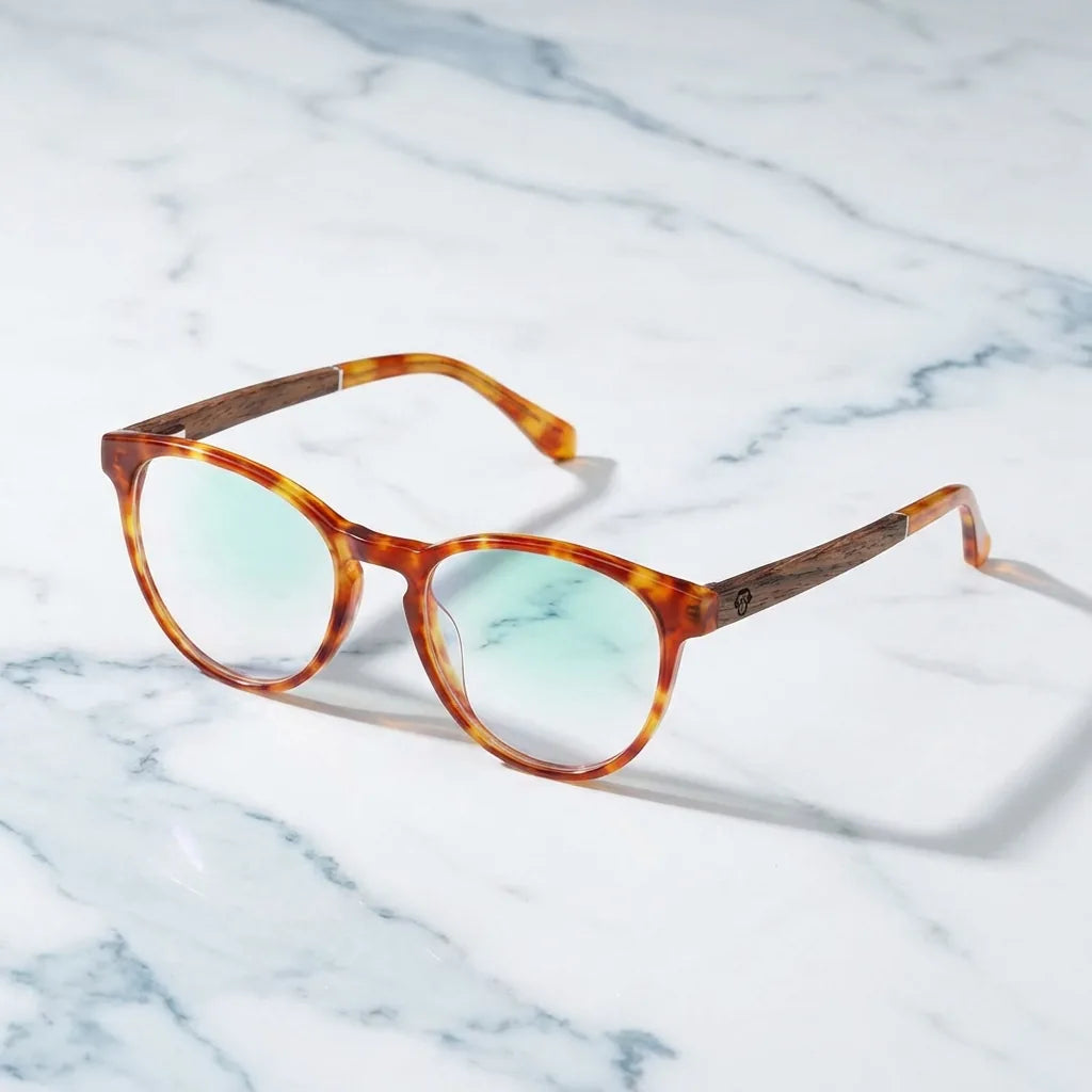 Eyeglasses optical round acetate recycled sustainable with wooden temples natural liviano and comodo prescription multifocal Bonoboss #color_azul