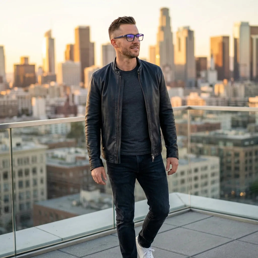 Lenses optical condor blue men profesional in rooftop urbano atardecer bonoboss #editorial_lifestyle1 #color_azul