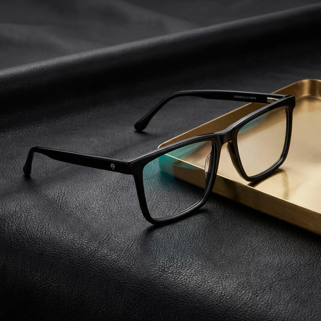 Lenses optical condor black sobre black leather with detalle brass gold calidad premium prescription bonoboss #editorial_banner_confianza #color_negro