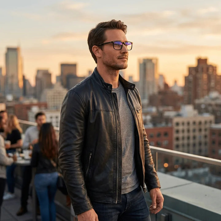Lenses optical condor black men profesional in rooftop urbano atardecer bonoboss #editorial_lifestyle1 #color_negro