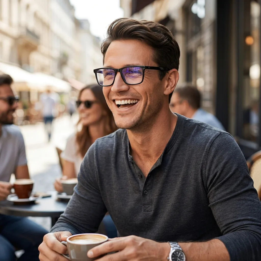 Lenses optical condor black men in café with amigos ambiente social bonoboss #editorial_lifestyle2 #color_negro