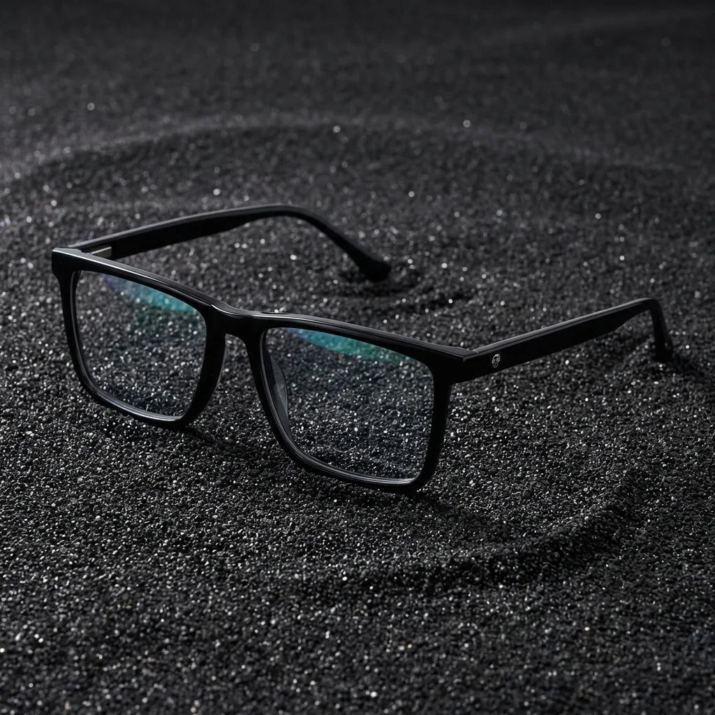 Lenses optical condor black sobre arena volcánica texturizada diseño sustainable bonoboss #editorial_sustentabilidad #color_negro