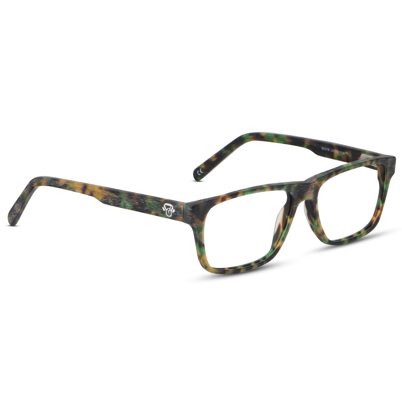 vista frontal de armazones o marcos opticos de material sustentable reciclado ecologico de forma rectangular de color verde para hombre y mujer de cara redonda