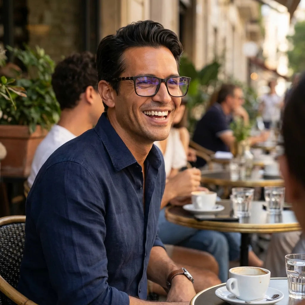 Lenses optical don eduardo brown men in café with amigos ambiente social bonoboss #editorial_lifestyle1 #color_brown