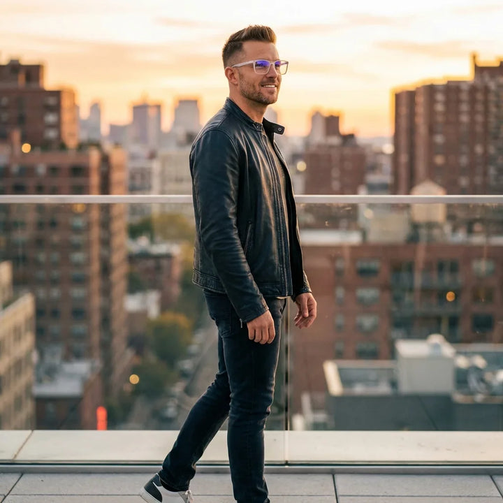 Lenses optical don eduardo clear men profesional in rooftop urbano atardecer bonoboss #editorial_lifestyle1 #color_transparente