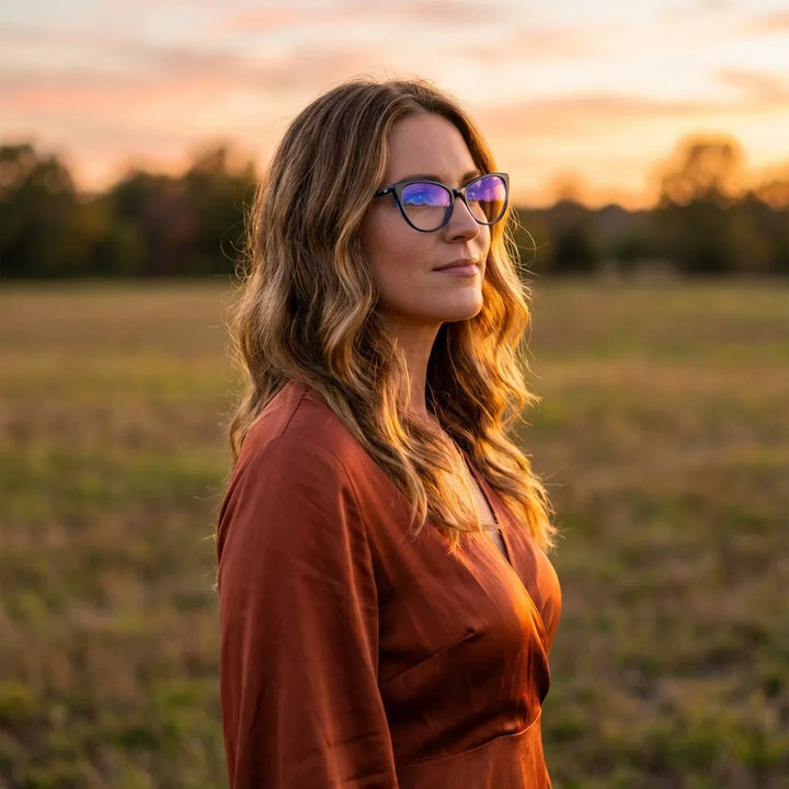 Lenses optical emily blue women in luz dorada golden hour elegante bonoboss #editorial_lifestyle2 #color_azul