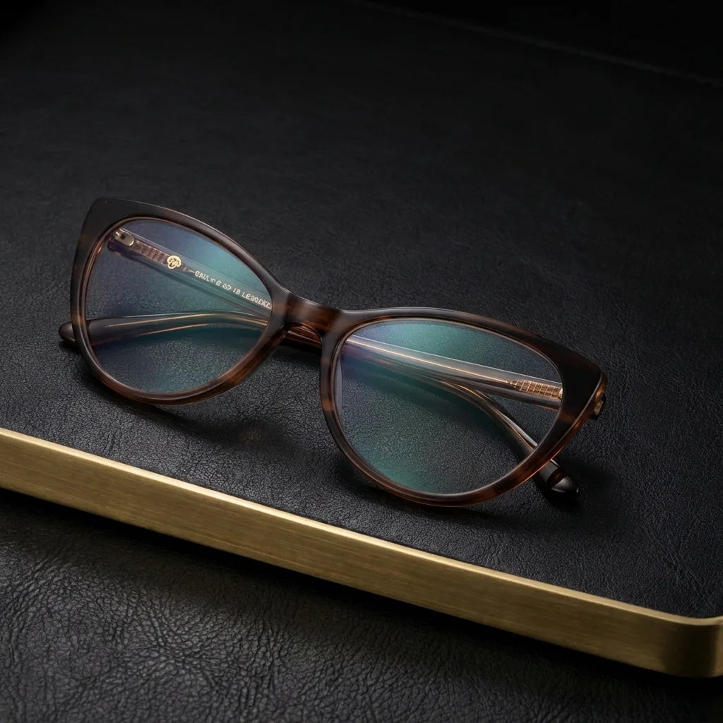 Lenses optical emily brown sobre black leather with detalle brass gold calidad premium prescription bonoboss #editorial_banner_confianza #color_brown