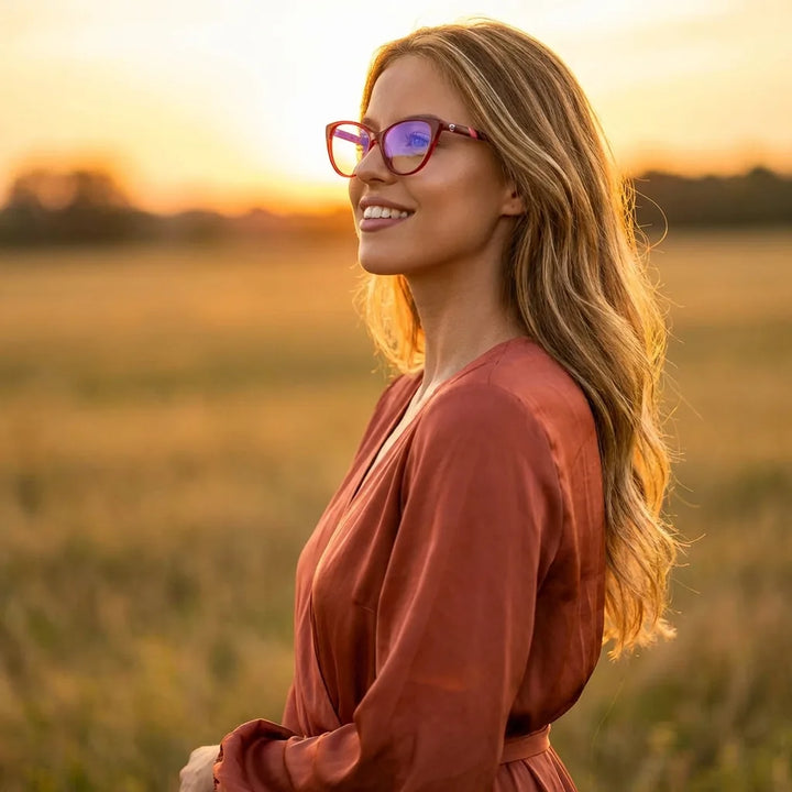 Lenses optical emma red women in luz dorada golden hour elegante bonoboss #editorial_lifestyle1 #color_rojo