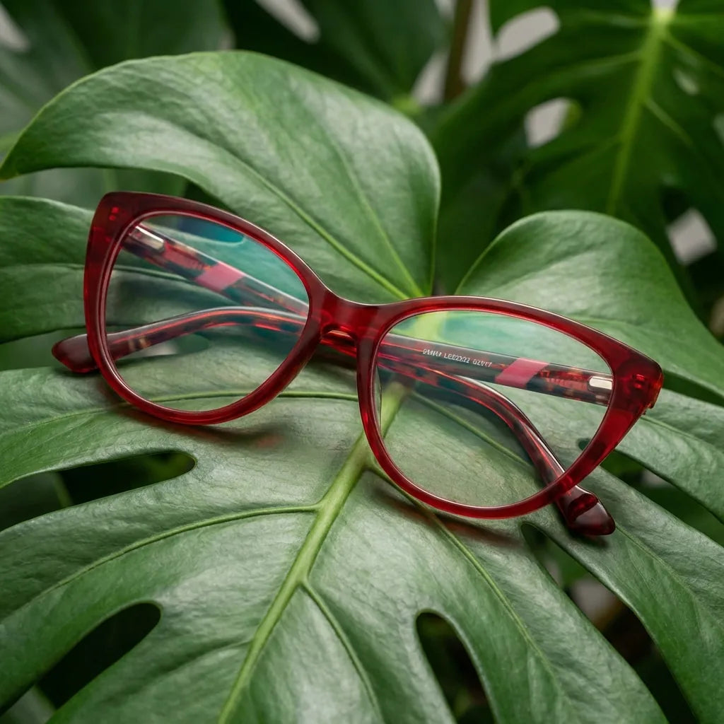 Lenses optical emma red entre hojas botánicas naturales diseño sustainable bonoboss #editorial_sustentabilidad #color_rojo