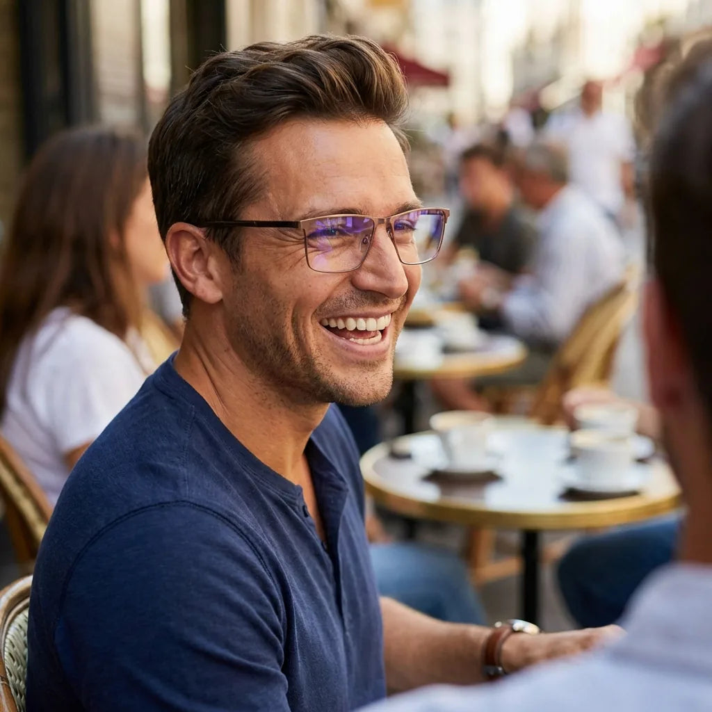 Lenses optical francisco brown men in café with amigos ambiente social bonoboss #editorial_lifestyle2 #color_brown