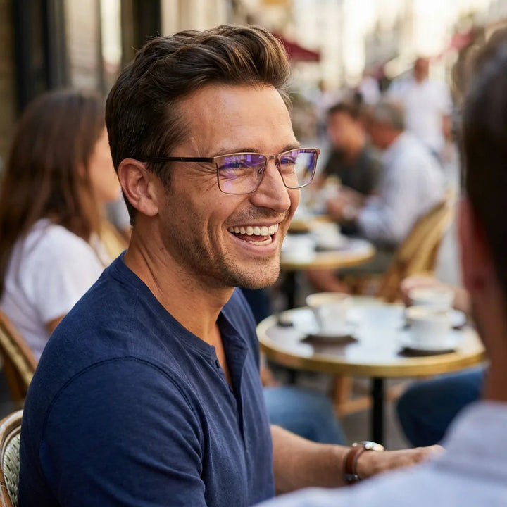 Lenses optical francisco brown men in café with amigos ambiente social bonoboss #editorial_lifestyle2 #color_brown