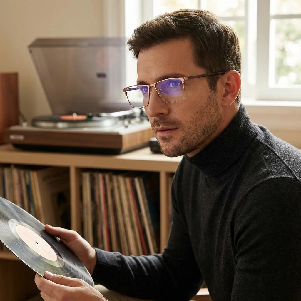 Lenses optical francisco brown men escuchando vinilo estilo creativo bonoboss #editorial_lifestyle3 #color_brown
