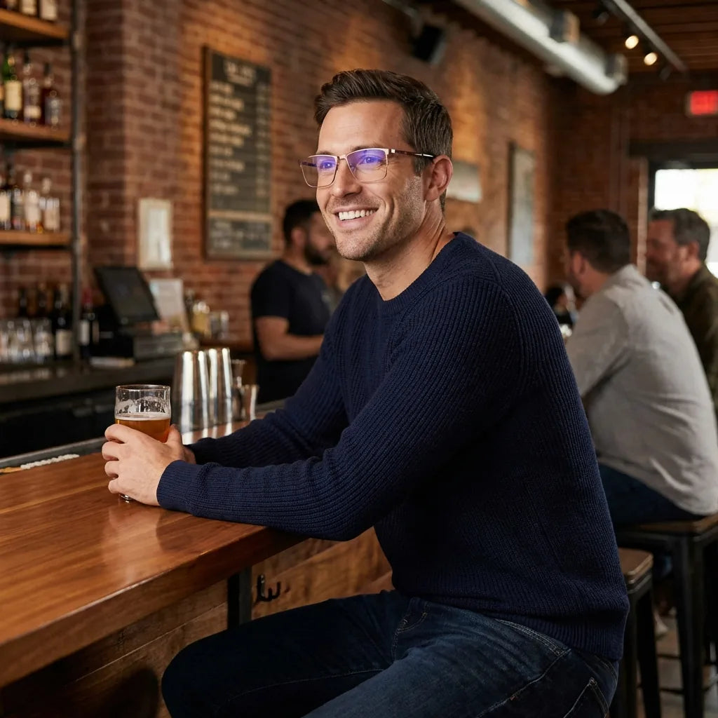 Lenses optical francisco brown men in bar casual ambiente relajado bonoboss #editorial_lifestyle4 #color_brown