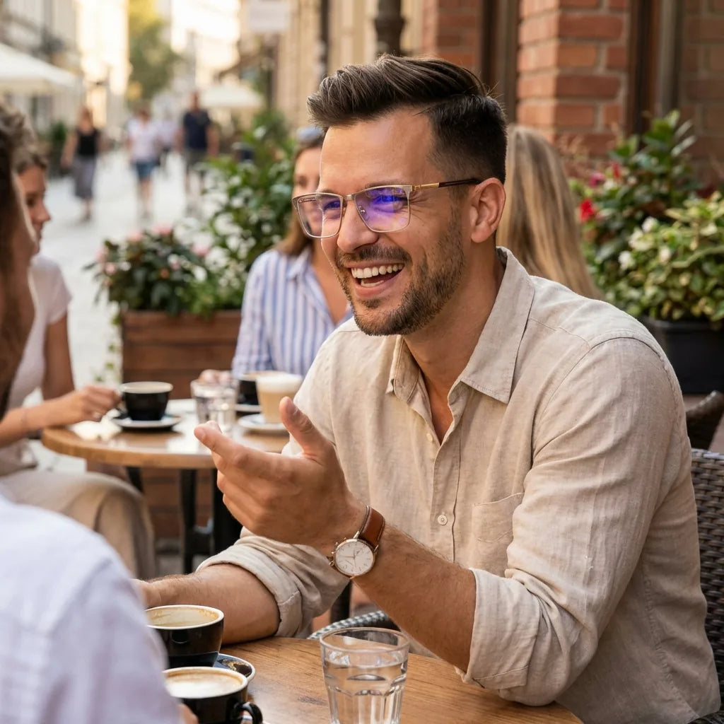 Lenses optical francisco gold men in café with amigos ambiente social bonoboss #editorial_lifestyle2 #color_dorado