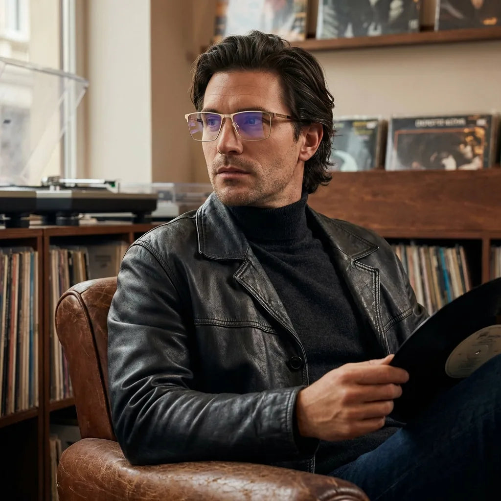 Lenses optical francisco gold men escuchando vinilo estilo creativo bonoboss #editorial_lifestyle3 #color_dorado
