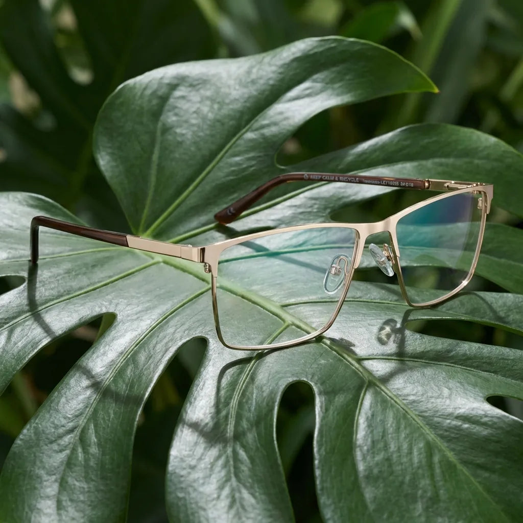 Lenses optical francisco gold entre hojas botánicas naturales diseño sustainable bonoboss #editorial_sustentabilidad #color_dorado