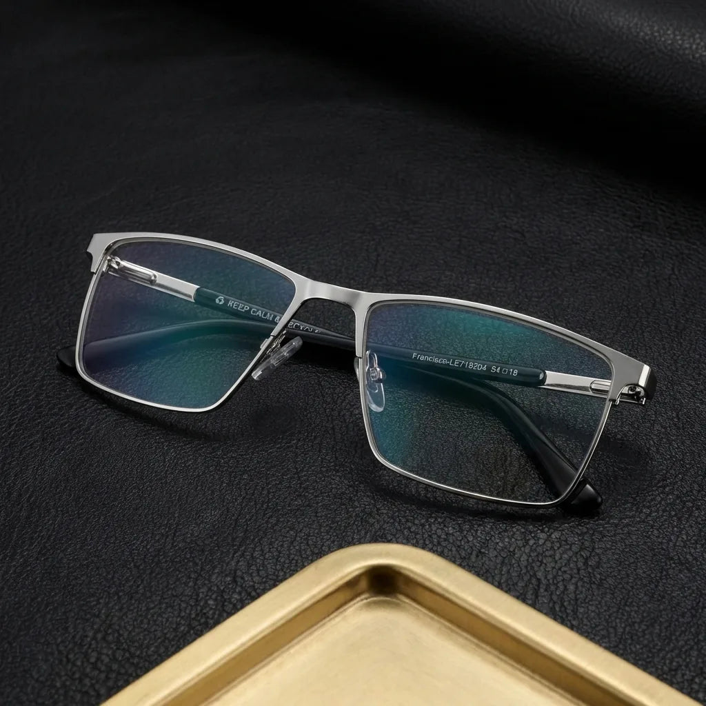 Lenses optical francisco silver sobre black leather with detalle brass gold calidad premium prescription bonoboss #editorial_banner_confianza #color_plateado