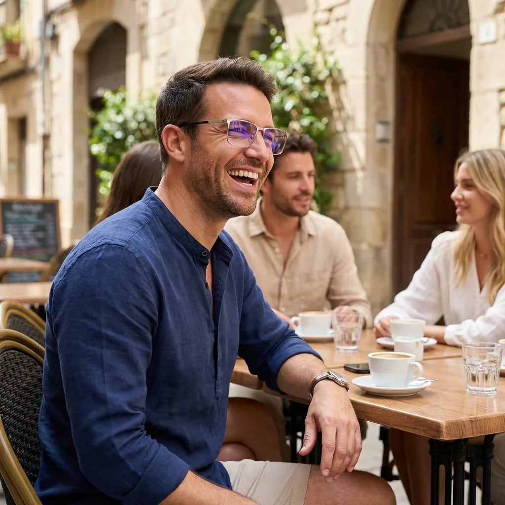 Lenses optical francisco silver men in café with amigos ambiente social bonoboss #editorial_lifestyle2 #color_plateado