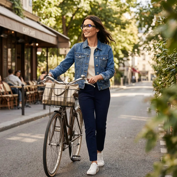 Lentes graduados Gaia color verde (bio-acetato geométrico), en un ciclista en un café urbano de estilo vintage #editorial_lifestyle2 #color_green