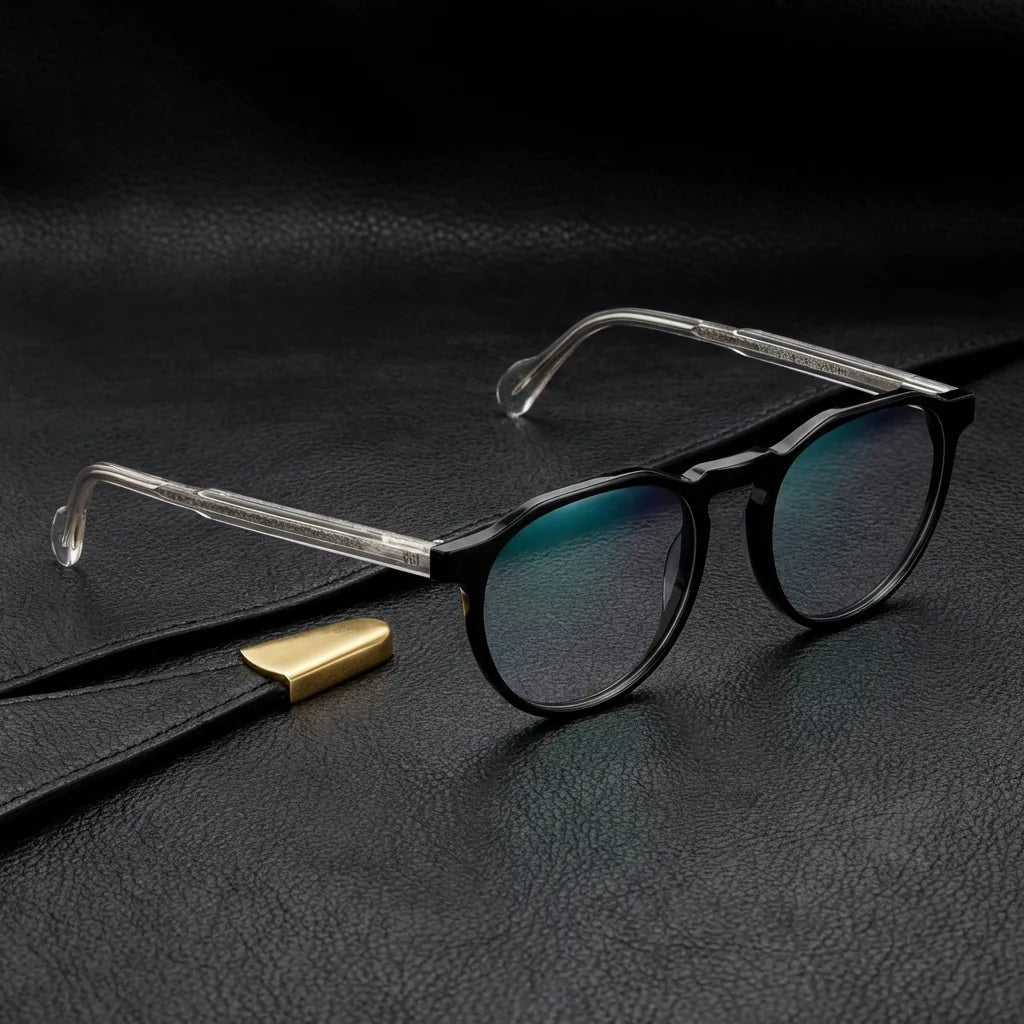 Lenses optical galapagos bicolor sobre black leather with detalle brass gold calidad premium prescription bonoboss #editorial_banner_confianza #color_bicolor