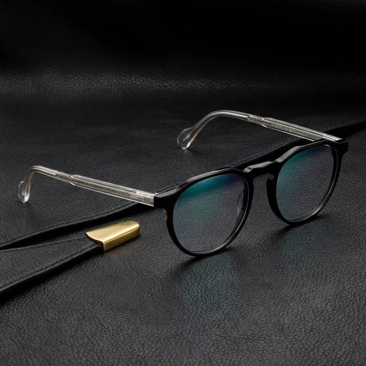 Lenses optical galapagos bicolor sobre black leather with detalle brass gold calidad premium prescription bonoboss #editorial_banner_confianza #color_bicolor