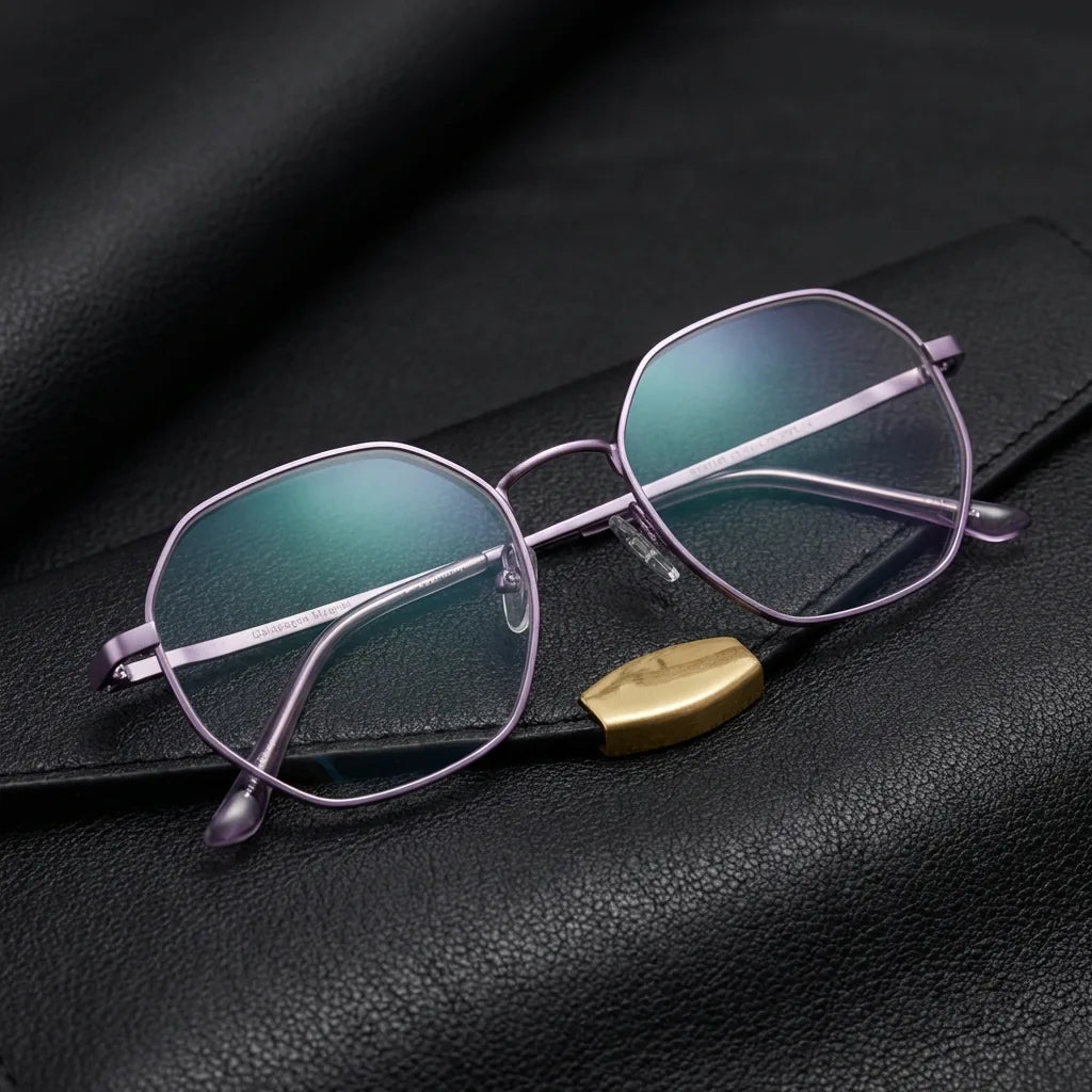 Lenses optical galapagos magnet purple sobre black leather with detalle brass gold calidad premium prescription bonoboss #editorial_banner_confianza #color_purple