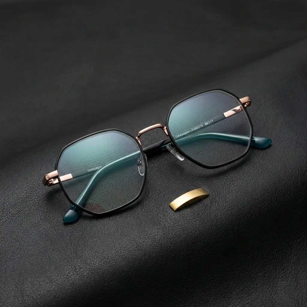 Lenses optical galapagos metal black sobre black leather with detalle brass gold calidad premium prescription bonoboss #editorial_banner_confianza #color_negro