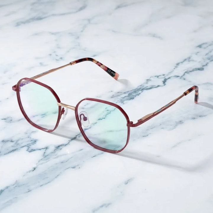 Lenses optical galapagos metal red sobre mármol white elegante frame premium bonoboss #editorial_armazon #color_rojo