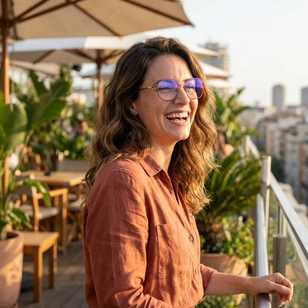 Lenses optical galapagos metal red women in terraza with vista panorámica bonoboss #editorial_lifestyle2 #color_rojo