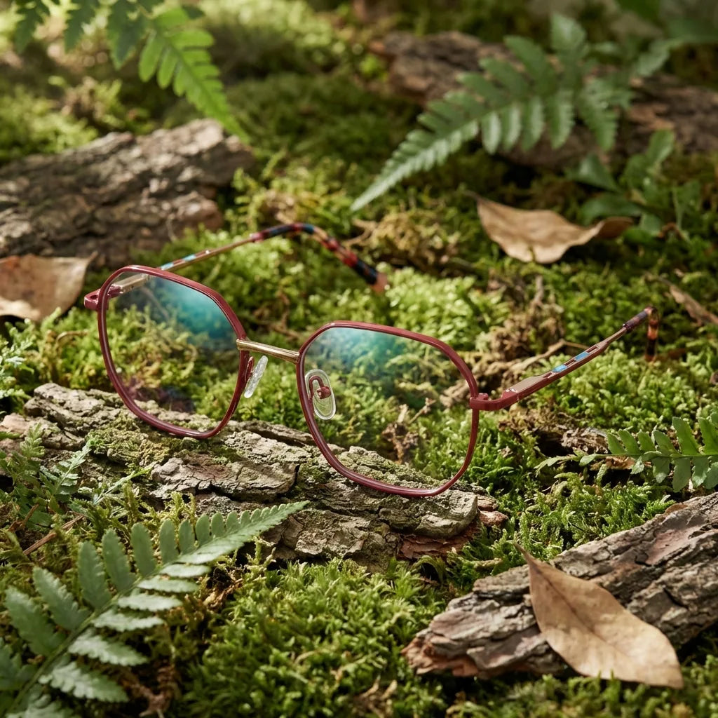 Lenses optical galapagos metal red in bosque green natural diseño sustainable bonoboss #editorial_sustentabilidad #color_rojo