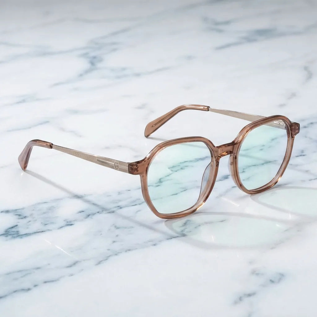 Lenses optical galapagos blonde crystal sobre mármol white elegante frame premium bonoboss #editorial_armazon #color_blonde-crystal
