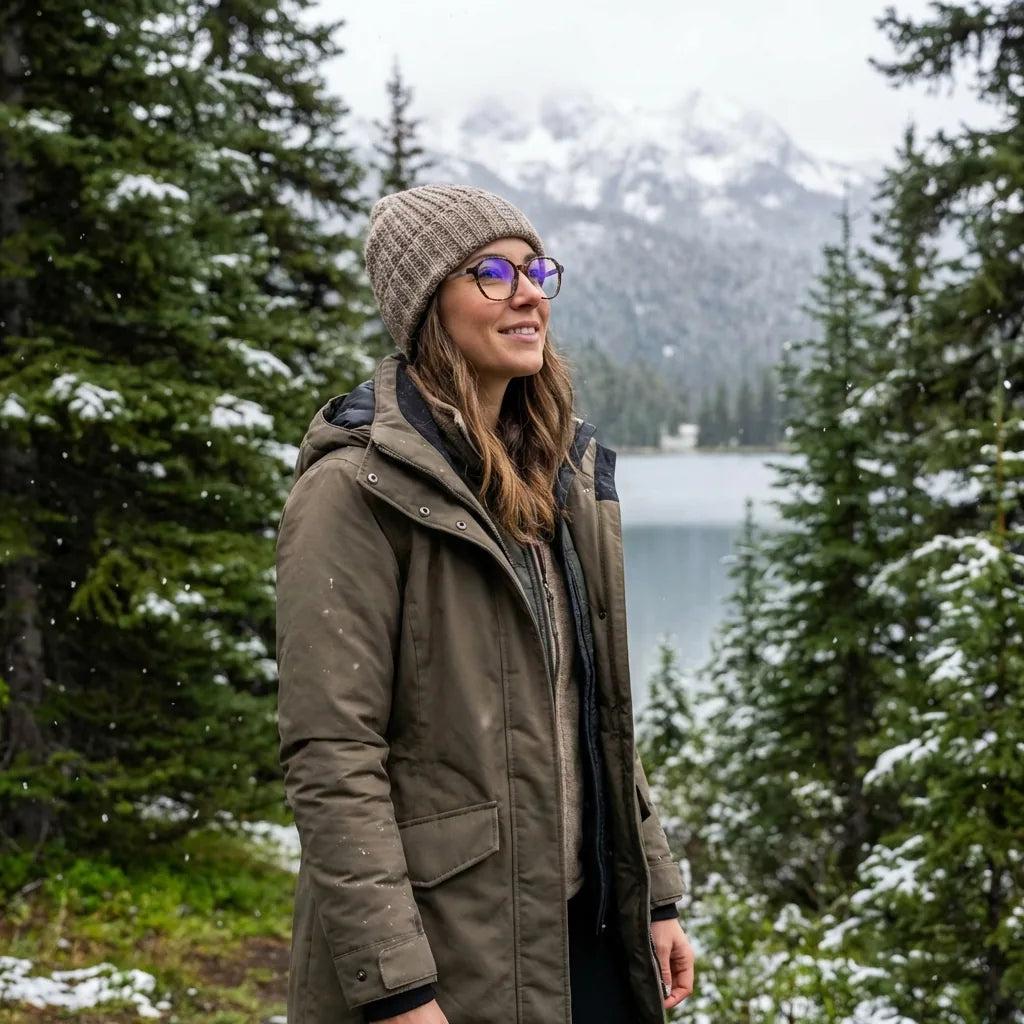 Lenses optical galapagos tortoise modelo with gorro in bosque nevado invernal bonoboss #editorial_lifestyle1 #color_carey