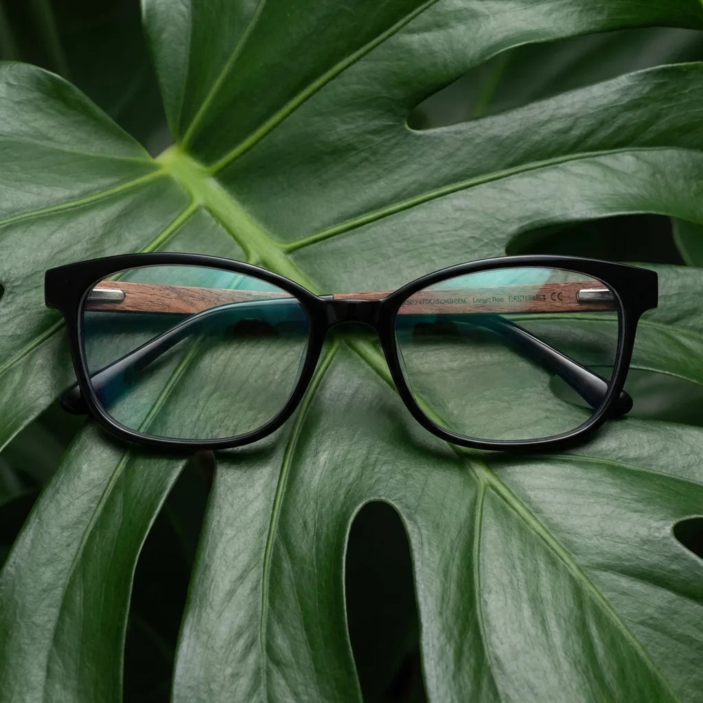 Lenses optical hanga roa black entre hojas botánicas naturales diseño sustainable bonoboss #editorial_sustentabilidad #color_negro