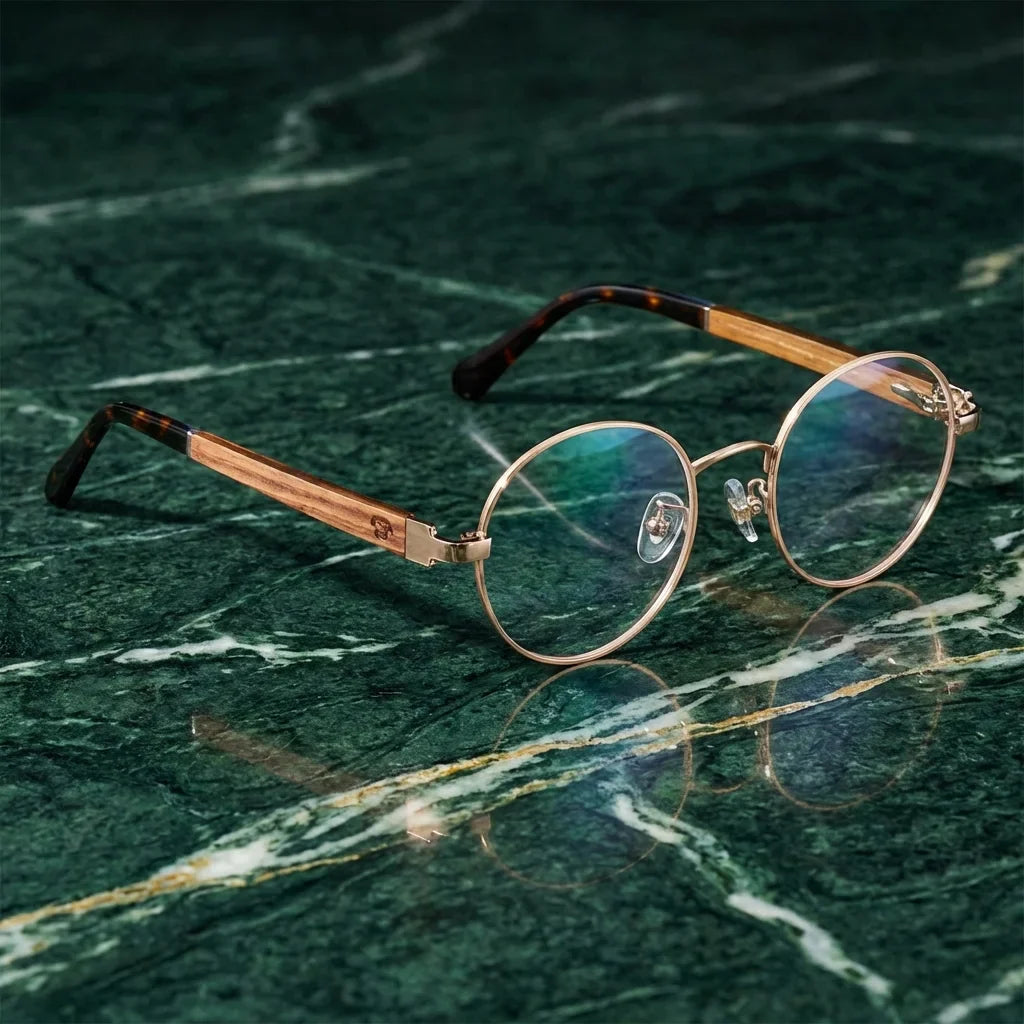 Lenses optical harry gold in bosque green natural diseño sustainable bonoboss #editorial_sustentabilidad #color_dorado