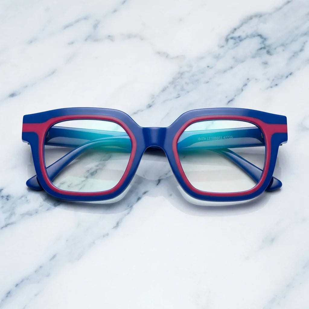 Lenses optical ibiza blue sobre mármol white elegante calidad premium prescription bonoboss #editorial_banner_confianza #color_azul