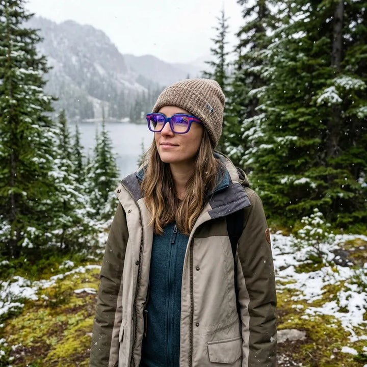 Lenses optical ibiza blue modelo with gorro in bosque nevado invernal bonoboss #editorial_lifestyle1 #color_azul
