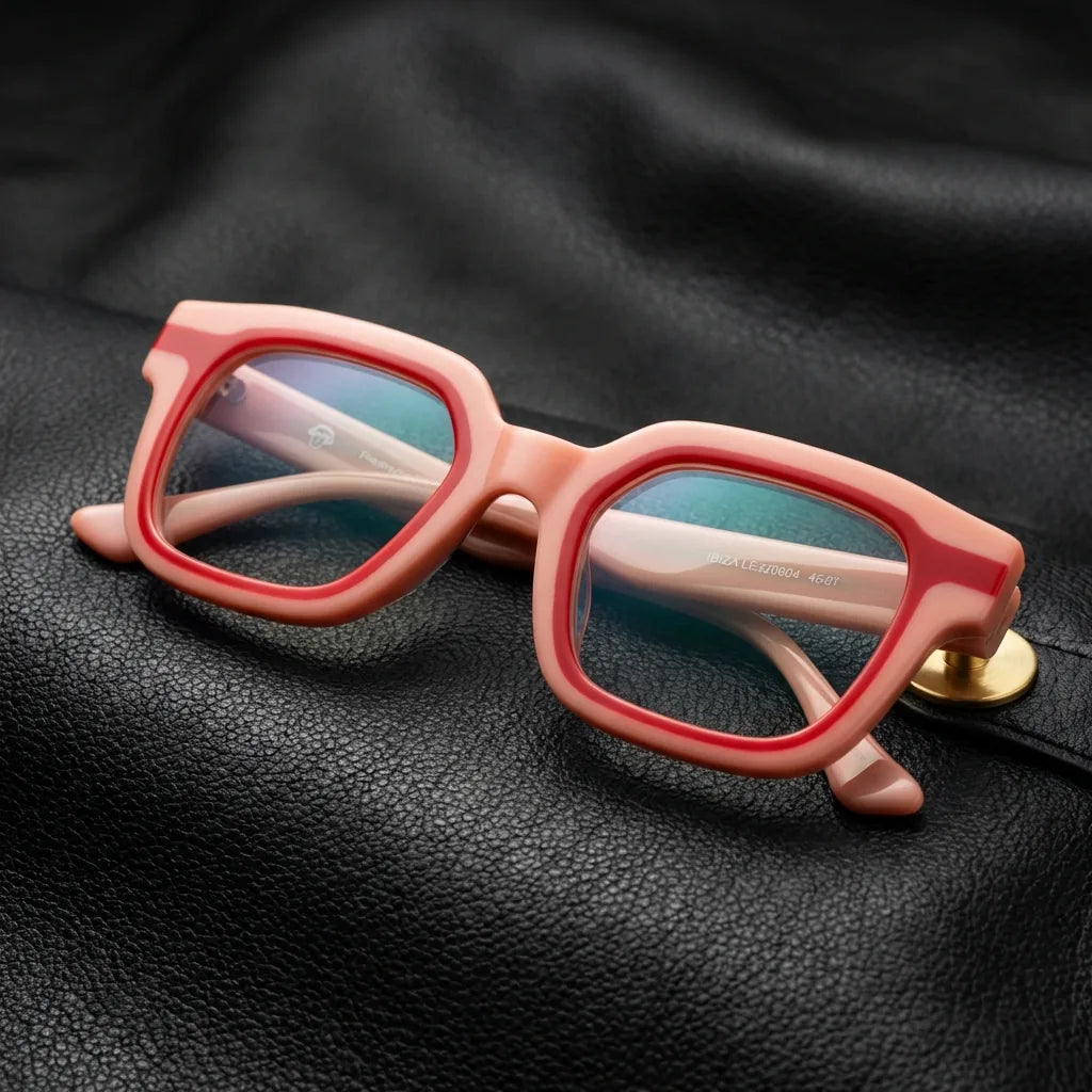 Lenses optical ibiza pink sobre black leather with detalle brass gold calidad premium prescription bonoboss #editorial_banner_confianza #color_rosado