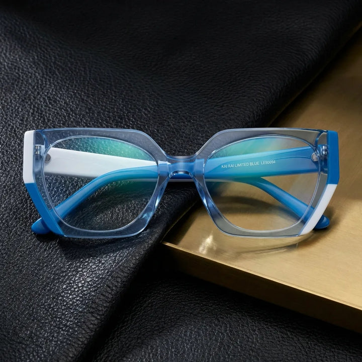 Lenses optical kai kai blue sobre black leather with detalle brass gold calidad premium prescription bonoboss #editorial_banner_confianza #color_azul