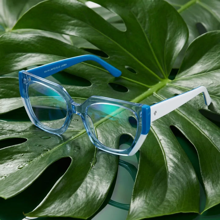 Lenses optical kai kai blue entre hojas botánicas naturales diseño sustainable bonoboss #editorial_sustentabilidad #color_azul