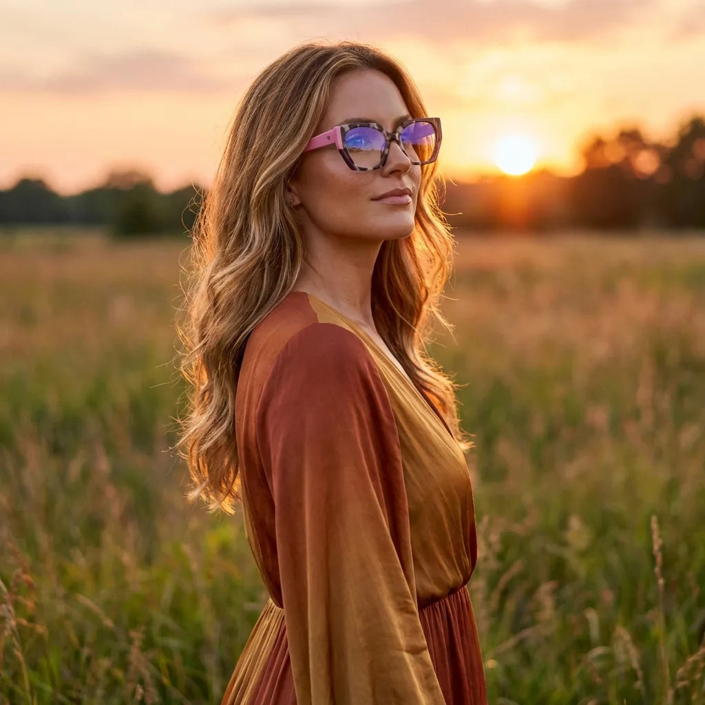 Lenses optical kai kai pink women in luz dorada golden hour elegante bonoboss #editorial_lifestyle1 #color_pink