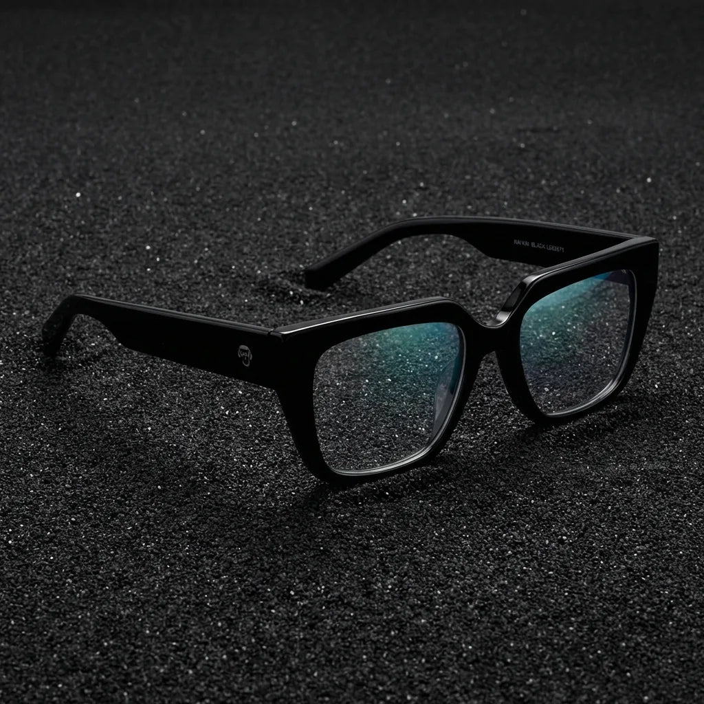 Lenses optical kai kai black sobre arena volcánica texturizada diseño sustainable bonoboss #editorial_sustentabilidad #color_negro