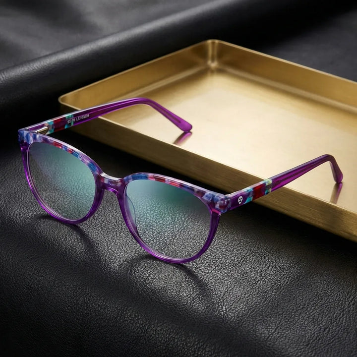 Lenses optical le183 purple sobre black leather with detalle brass gold calidad premium prescription bonoboss #editorial_banner_confianza #color_morado