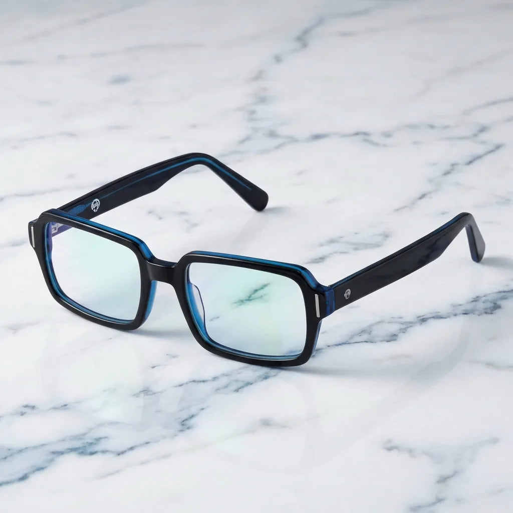 Lenses optical london acetate blue sobre mármol white elegante frame premium bonoboss #editorial_armazon #color_azul